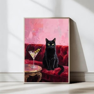 Black Cat with Dirty Martini Poster, Whimsical Cocktail Art Print, Bar Cart Decor, Trendy Cat Wall Art, Kitchen Poster, Digital Download