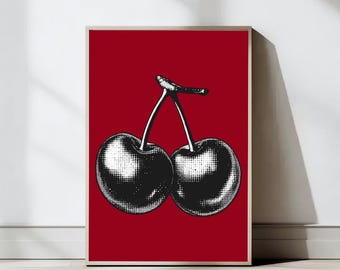 Cherry Art Prints, Modern Kitchen Wall Art, Apartment Decor, Vintage Cherry Wall Art, Trendy Home Decor, Bar Cart Print, Digital Download
