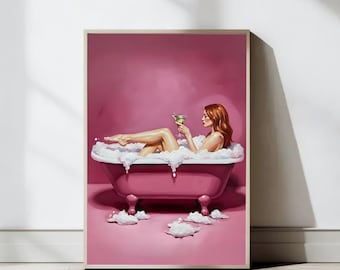 Modern Bathroom Wall Art Printable, Pink Bathtub with Martini Glass, Feminine Wall Art, Cocktail Decor for Home Spa, Digital Download