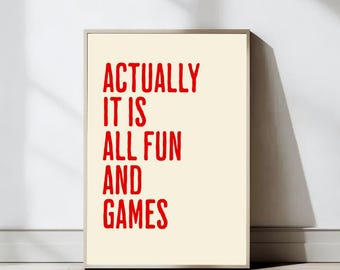 It is All fun and games Print, Retro Wall Art, Trendy Print, Retro Poster Print, Red Poster, Dorm Decor, Printable Art, Digital Download