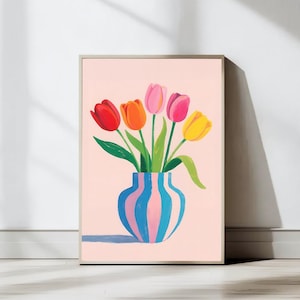 Colorful Tulip Wall Art, Modern Floral Vase Prints, Bold Botanical Digital Artwork for Bright Living Room & Kitchen Decor, Digital Download