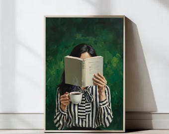 Emerald Green Modern Reading Woman Prints, Reading Wall Art, Female Abstract Print, Book Lover Wall Art, Reading Poster, Digital Prints