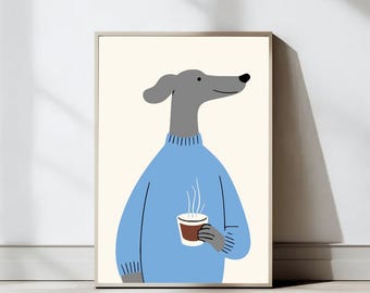 Greyhound Coffee Art Print, Dog Wall Art, Dog Lover Gift,  Dog Coffee Poster, Whimsical Dog in Sweater, Coffee Print, Digital Prints