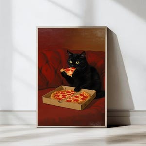 May include: A framed print featuring a black cat enjoying a slice of pizza from a cardboard box. The cat is sitting on a red couch. The pizza has pepperoni toppings. The artwork has a vintage, painterly style.