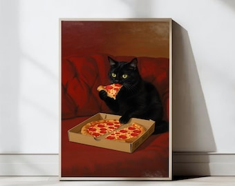 Black Cat Eating Pizza, Whimsical Funny Wall Art Print, Funny Kitchen Decor, Cute Cat Illustration Print, Home & Dining Room, Digital Prints
