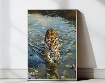 Tiger in Water Print, Ukiyo-e Style Wall Art, Minimalist Animal, Tiger Decor, Tiger Wall Art, Bedroom Decor, Wildlife Art, Digital Print
