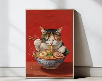 Vintage Cat Ramen Print Art, Japanese Kitchen Poster, Japanese Noodle Poster, Cat Lover Gift, Quirky Kitchen Wall Art, Digital Download