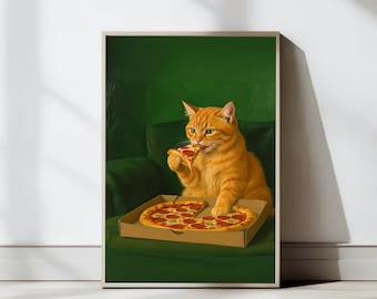 Cat Eating Pizza Prints, Whimsical Funny Wall Art Print, Funny Kitchen Decor, Cute Cat Illustration Print, Home & Dining Room, Digital Print