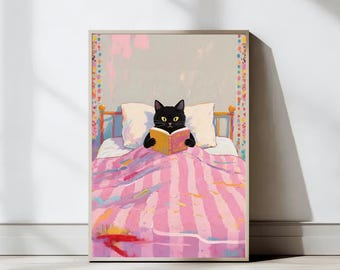 Cat Reading Print, Black Cat Wall Art, Cozy Bedroom Poster, Book Lover Cat Illustration, Cat in Bed Print, Cat Book Art, Digital Download