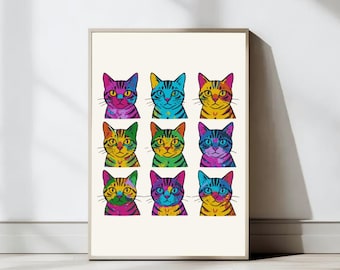Whimsical Cat Art Print, Abstract Cat Wall Art, Modern Pop Art Cats Print, Whimsical Animal Poster, Colorful Cat Wall Art, Digital Download