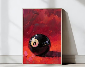 Lucky 8 Ball Wandkunst, Vintage Pool-Ball-Druck, rotes Pool-Plakat, Retro ästhetisches Wohnungs-Dekor, Billard-Druck, digitaler Download