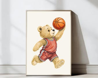 Vintage Basketball Teddy Bear Wall Art, Kids Room Decor, Nostalgic Decor, Kids Room Print, Sports Fans Gift, Nursery Prints, Digital Prints