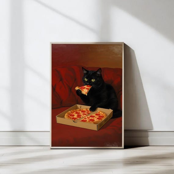 Black Cat Eating Pizza, Whimsical Funny Wall Art Print, Funny Kitchen Decor, Cute Cat Illustration Print, Home & Dining Room, Digital Prints