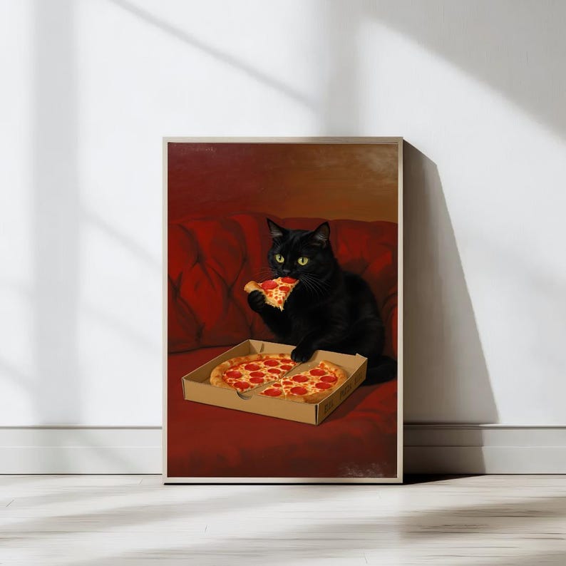 May include: A framed print featuring a black cat enjoying a slice of pizza from a cardboard box. The cat is sitting on a red couch. The pizza has pepperoni toppings. The artwork has a vintage, painterly style.