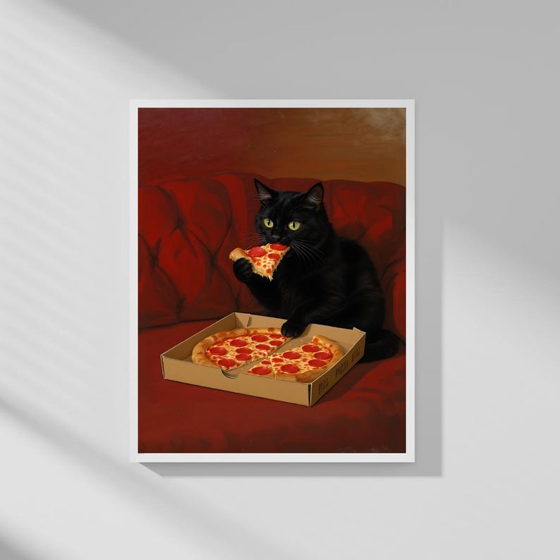 May include: A framed print featuring a black cat enjoying a slice of pepperoni pizza from a cardboard box. The cat is seated on a red couch. The pizza has a golden crust and red pepperoni.