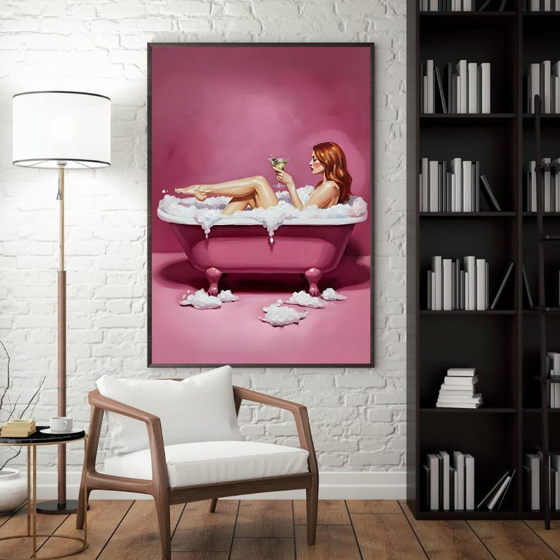 Modern Bathroom Wall Art Printable, Pink Bathtub With Martini Glass ...