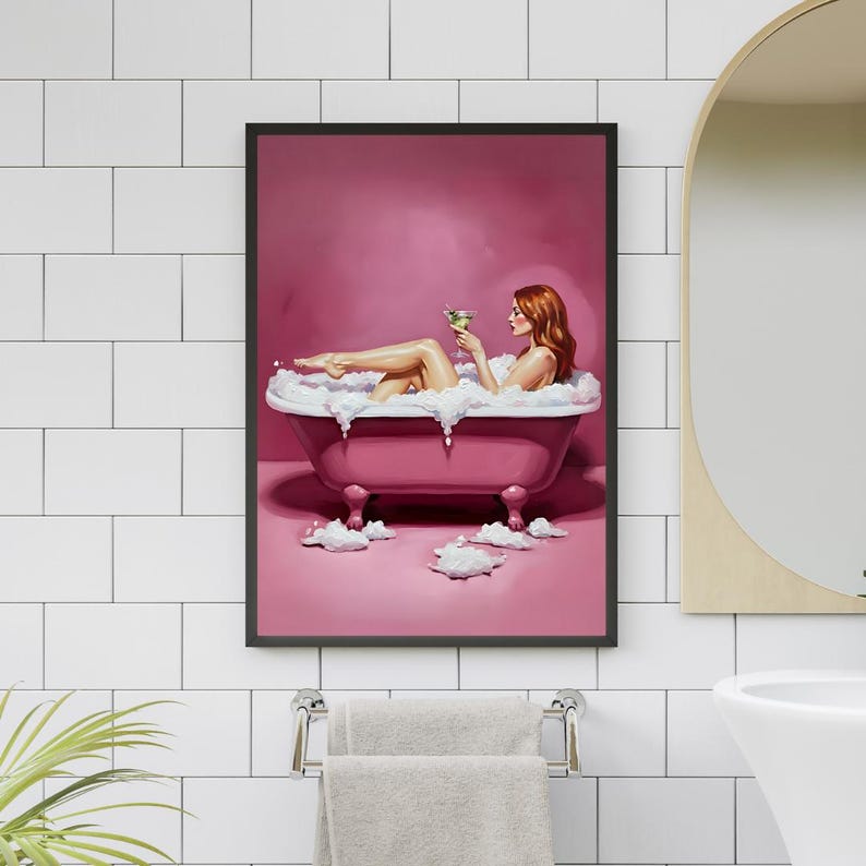Modern Bathroom Wall Art Printable, Pink Bathtub With Martini Glass ...
