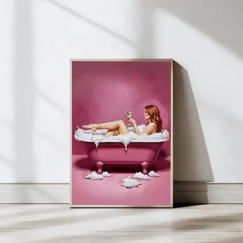 Modern Bathroom Wall Art Printable, Pink Bathtub With Martini Glass ...