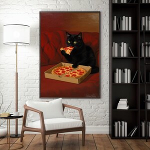 May include: A framed print featuring a black cat enjoying a slice of pepperoni pizza from a cardboard box. The cat is seated on a red sofa. The artwork has a warm, inviting color palette.