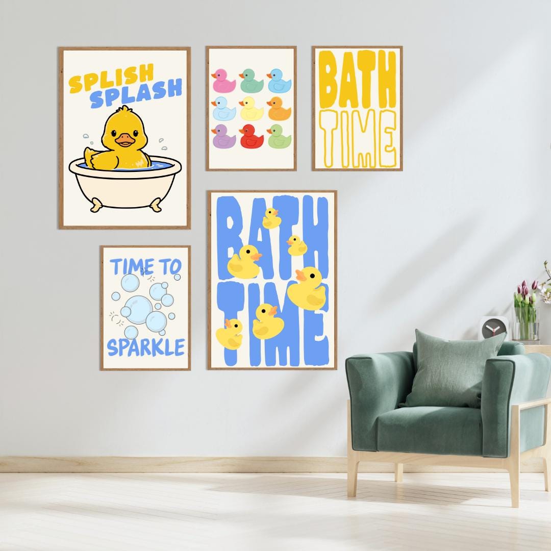 Bath Time Rubber Duck Printable Bathroom Wall Art Set of 5, Funny Kids ...