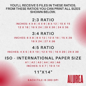 May include: A graphic with text detailing print sizes and ratios, including 2:3, 3:4, 4:5, and ISO paper sizes. The image lists sizes in inches, such as 4x6, 8x10, and 11x14. The Alurea Print logo is in the bottom right.