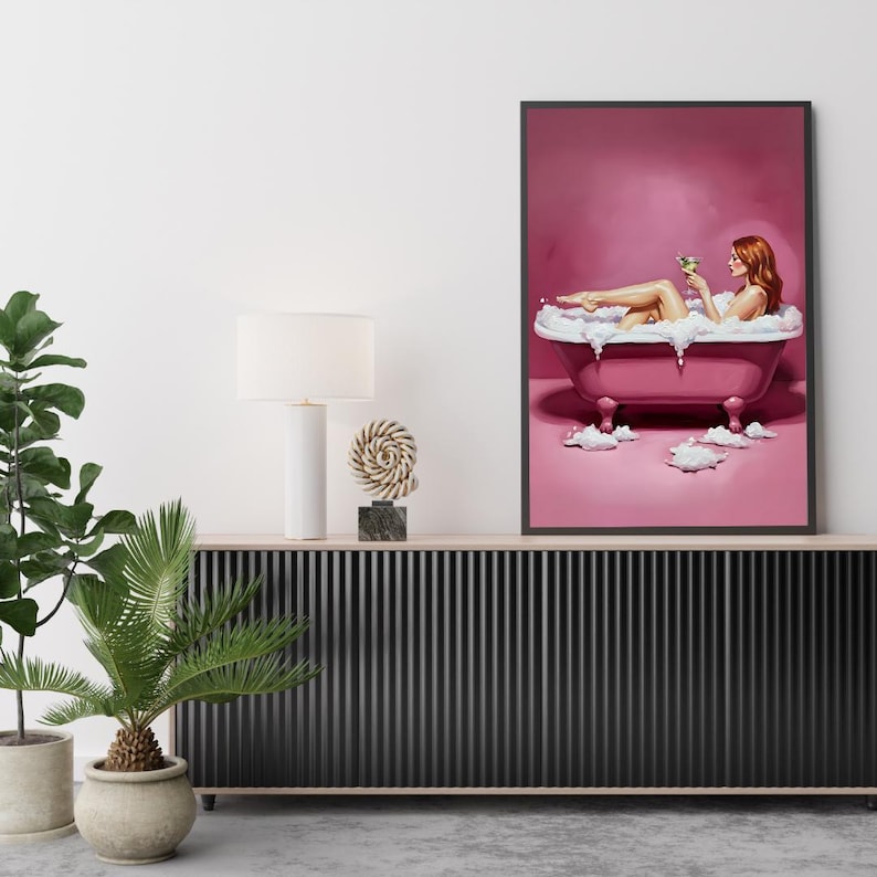 Modern Bathroom Wall Art Printable, Pink Bathtub With Martini Glass ...