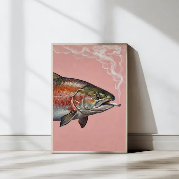 salmon smoking a cigarette Smoking Salmon Prints, Vintage Fish Print, Coastal Wall Art, Whimsical  Print, Marine Print, Fisherman Art, Gift for Dad, Digital Download