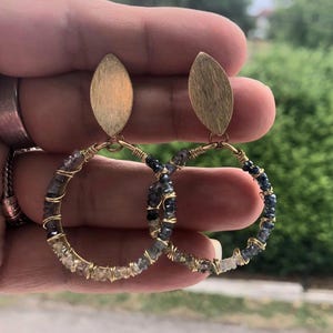 Gold Hoop Natural Sapphire Earrings: Handmade Dangle Brass Jewelry for women