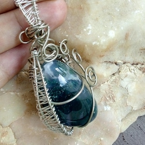 Handcrafted Moss Agate large gemstone Pendant: Artisan Silver Wire Wrapped Jewelry Gift