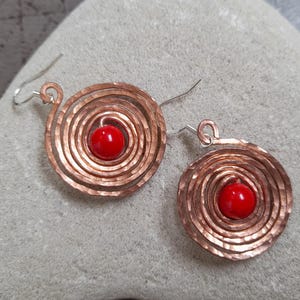 Handmade Copper Hoop Earrings: Red Coral Gemstone Boho Tribal Style Jewelry for her