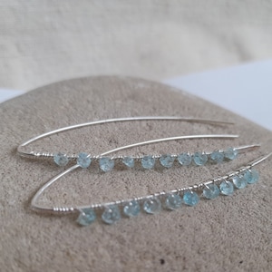 Dainty Blue Topaz Threader Earrings: Sterling Silver Gemstone Bar