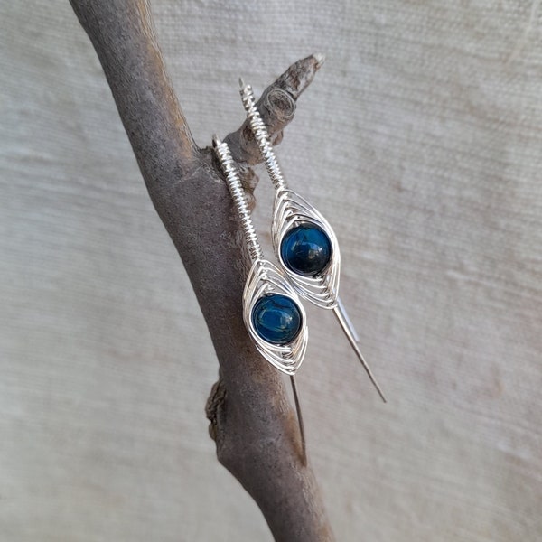 Blue crystal hoop earrings,Silver gemstone threaders,blue tyger eye flash earrings,blue drop bar earrings,gemstone hoops by magyartist