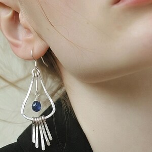 Bold Statement Blue Sapphire Teardrop Chandelier Earrings: Handmade Silver Dangle Gemstone Fringe Jewelry