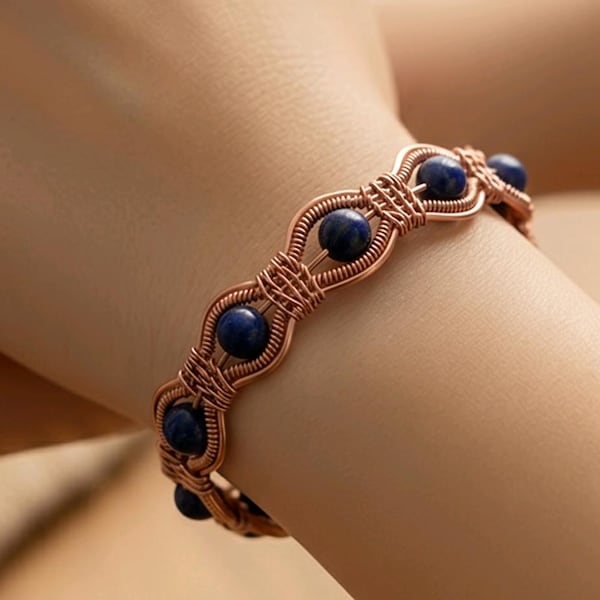 Artisan wide Copper Wire wrap Cuff Bracelet: Dumortierite Blue Gemstone Adjustable Bangle 7"