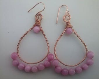 Boucles d'oreilles en pierre rose, boucles d'oreilles pendantes en cuivre, boucle d'oreille en fil métallique avec pierres précieuses, longues boucles d'oreilles pendantes, longue boucle d'oreille ovale, boucles d'oreilles en fil de fer par magyartist