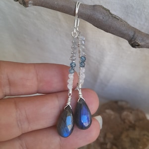 Vibrant Earrings sterling with Labradorite and Moonstone - Gift for Her - Blue Flash - Teardrop Earrings  2.95&quot; - Earrings dangle stones