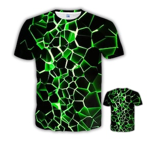 May include: Black t-shirt with a vibrant green geometric design. The pattern resembles cracked glass or a fractured surface, with bright green lines illuminating the black background. A smaller version of the shirt is also displayed.