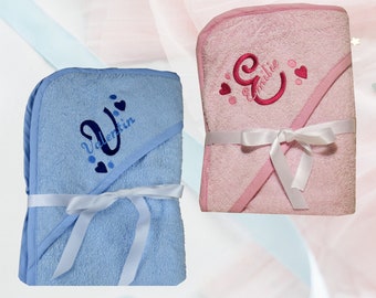 Sortie Cape de bain Rose ou Bleu brodé personnalisé avec le prénom Serviette bébé à capuche cadeau baptême, baby shower, cadeau naissance