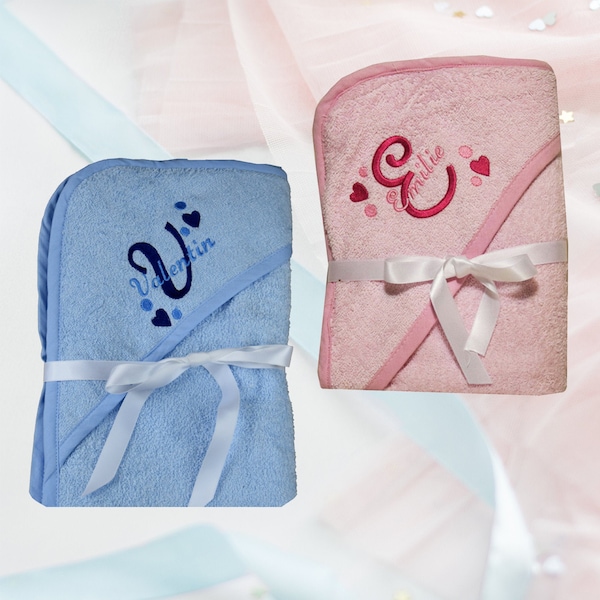 Sortie Cape de bain Rose ou Bleu brodé personnalisé avec le prénom Serviette bébé à capuche cadeau baptême, baby shower, cadeau naissance