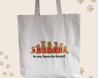 Sac shopping en Toile brodé avec les chiens et texte Anglaise Rescued is my Favourite Breed