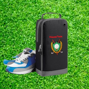 Sac de chaussures de golf en Noir à personnaliser.  Motif ensigne de Golf. Cadeau Golfeur