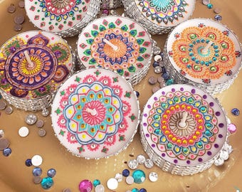 2 jumbo Tealights in your choice of box/henna candle/Custom/designer box/mandala design/Diwali decor/diwali gifts/Ganesha/Diya box