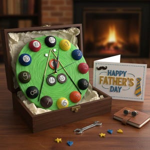 May include: A unique billiards-themed clock with colorful pool ball hour markers, set in a wooden box. A Father's Day card, a small notebook, cufflinks, and decorative shapes are also present.