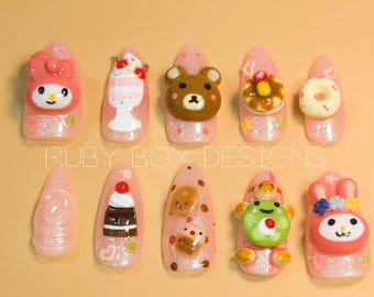 Uñas postizas Kawaii – Adornos 3D de personajes de dibujos animados, purpurina rosa