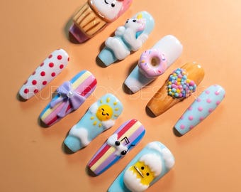 Uñas postizas Kawaii 3D – Juego de uñas con diseño de dibujos animados hecho a mano