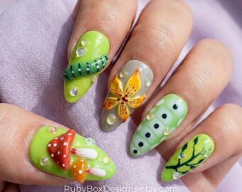 Forest Theme Press On Nails – 3D Mushrooms & Caterpillar Design