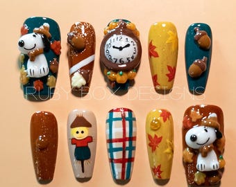 Uñas postizas de Acción de Gracias – Arte de uñas 3D otoñal hecho a mano