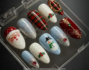 Uñas postizas navideñas hechas a mano: Papá Noel 3D, cuadros, purpurina