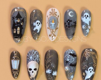 Uñas postizas de Halloween hechas a mano – Set de uñas con diseño 3D espeluznante