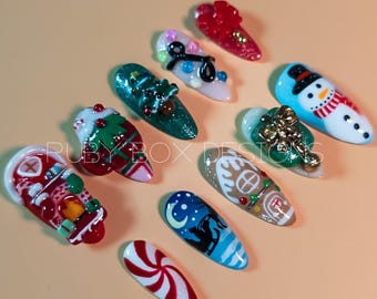 Uñas postizas navideñas 3D hechas a mano, diseños festivos para las fiestas